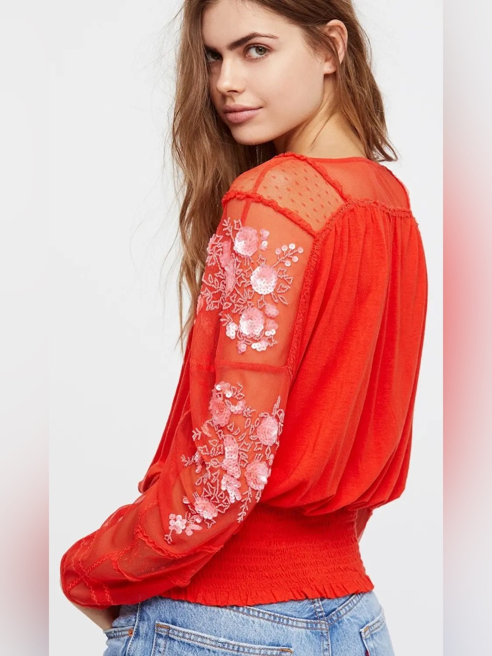 Free People Red Embroidered Mesh Sleeve Blouse